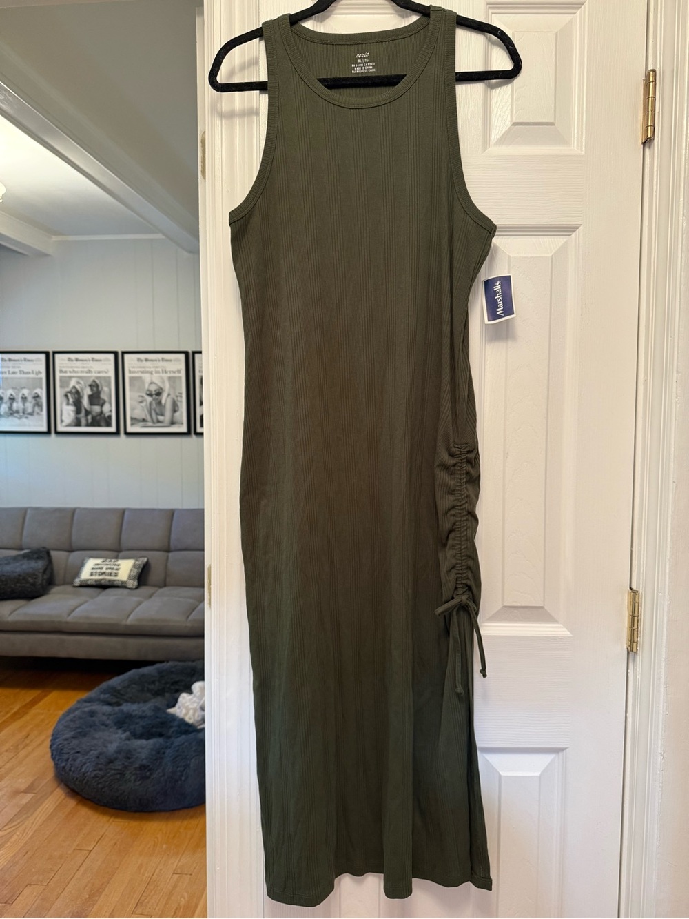aerie Olive Green Ribbed Tank Midi Dress with Side Ruched Tie